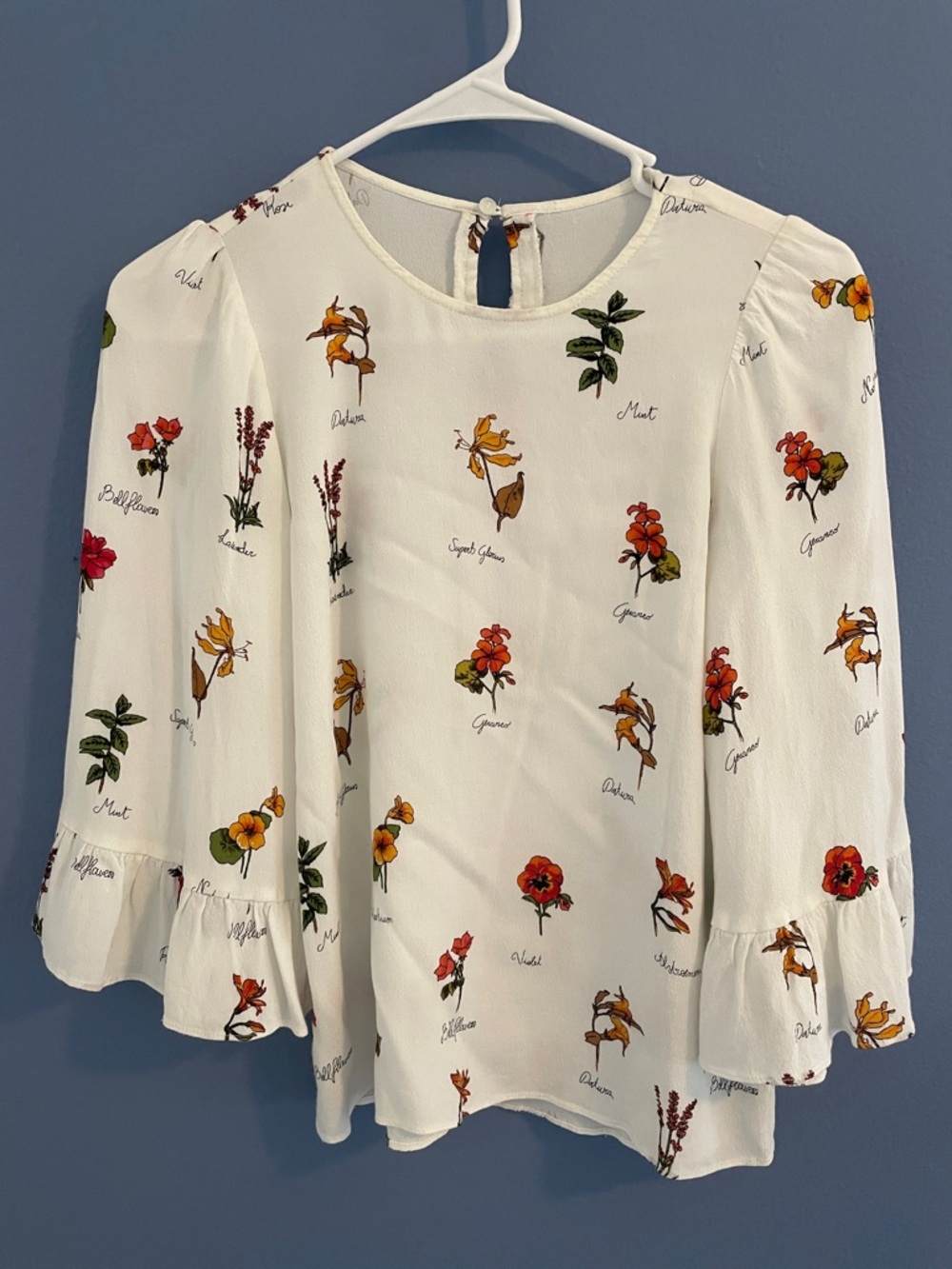 Women's Cream Floral Ruffle-Sleeve Blouse